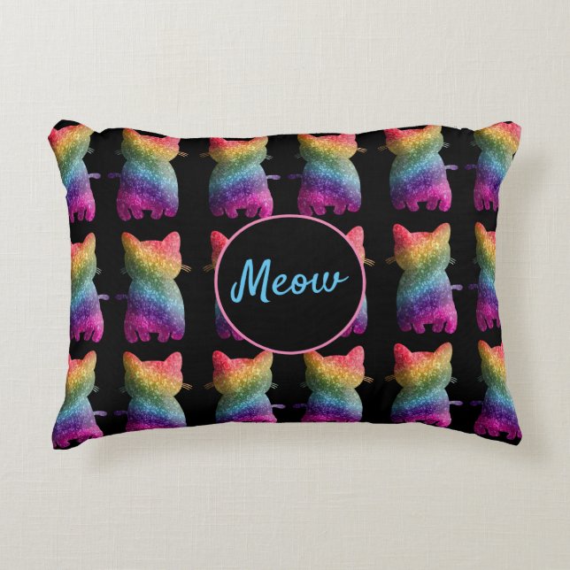 Dark Rainbow Glitter Cats Fun Kitty Pattern Design Accent Pillow (Front)