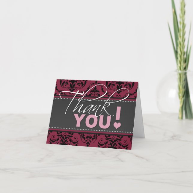 Dark Raspberry Damask Thank You Card (Front)
