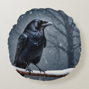 Dark Raven Black Bird Round Pillow