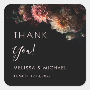 Dark Realistic Flowers Wedding Thank You Square Sticker