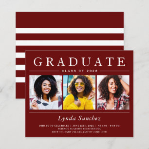 Dark Red 3 Photo Graduation Invitation