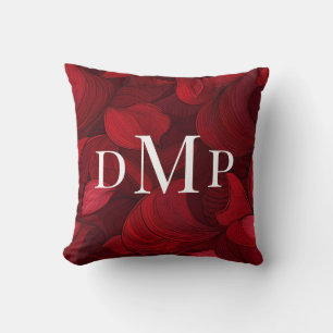 Dark Red Abstract Leaves Monogrammed Throw Pillow