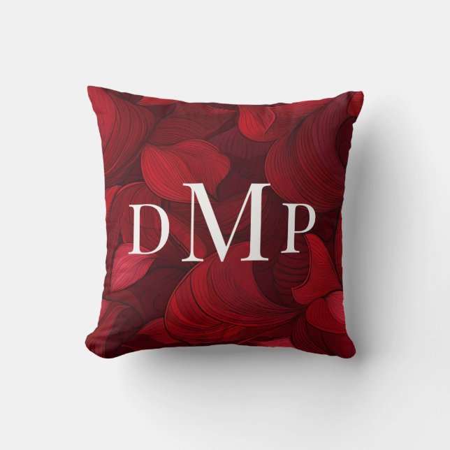 Dark Red Abstract Leaves Monogrammed Throw Pillow (Front)