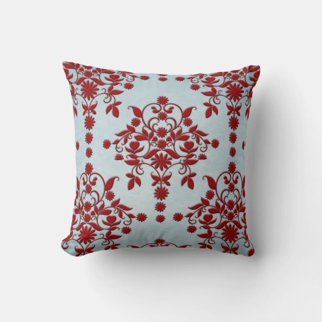 Dark Red and Dusty Light Teal Damask Pattern Throw Pillow (Front)
