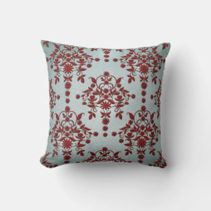 Dark Red and Dusty Light Teal Damask Pattern Throw Pillow