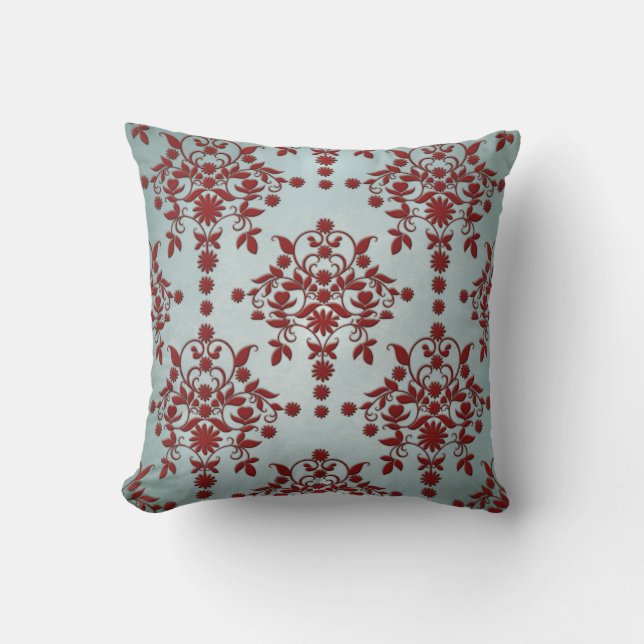 Dark Red and Dusty Light Teal Damask Pattern Throw Pillow (Front)