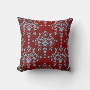 Dark Red and Dusty Light Teal Damask Pattern Throw Pillow