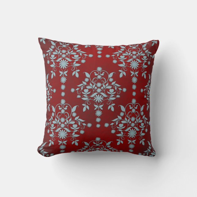 Dark Red and Dusty Light Teal Damask Pattern Throw Pillow (Front)