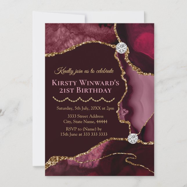 Dark Red and Gold Glitter Agate Birthday Party Invitation (Front)