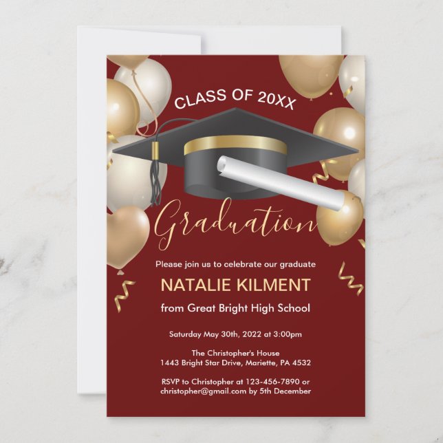 Dark Red and Gold Graduate Cap Graduation Party Invitation (Front)