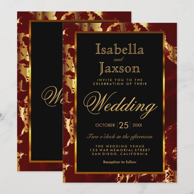 Dark Red and Gold Marble and Black Invitation (Front/Back)