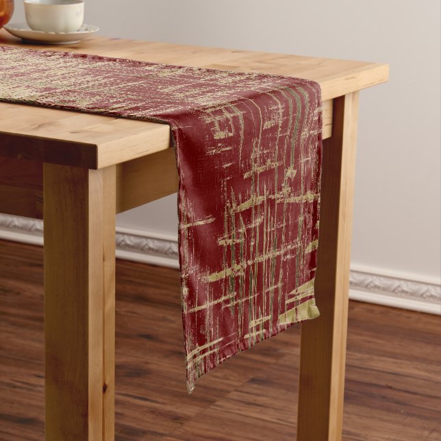 Dark Red and Gold Modern Art Short Table Runner (In Situ)