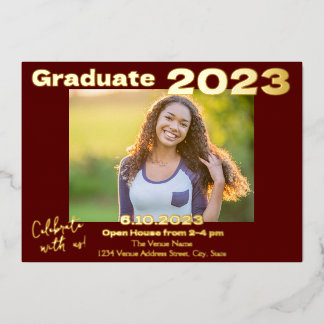 Dark Red and Gold Photo Graduation Invitation Card