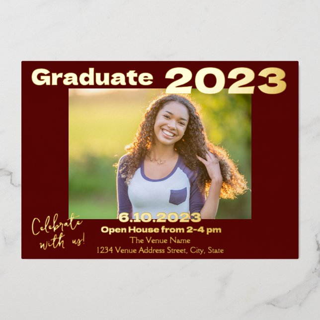 Dark Red and Gold Photo Graduation Invitation Card (Front)