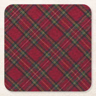Dark Red and green  Christmas plaid  Square Paper Coaster