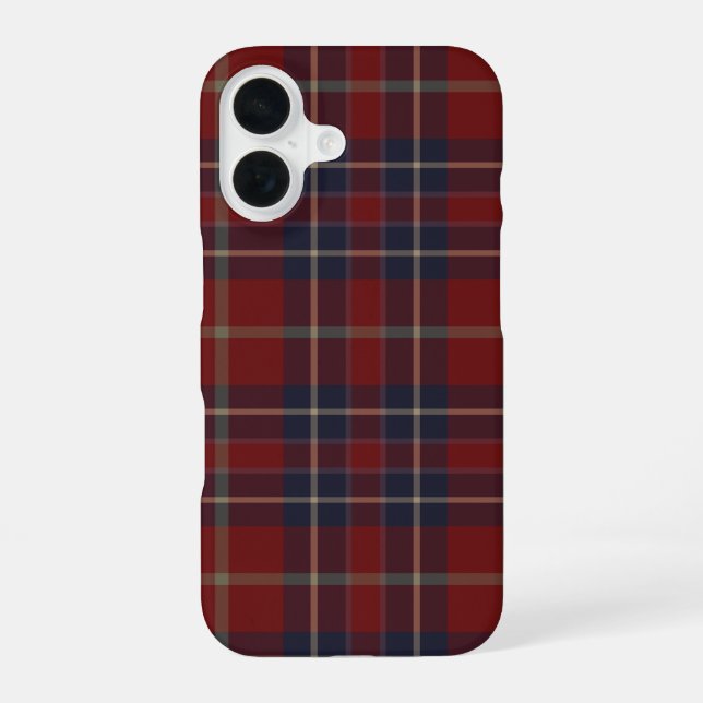 Dark Red and Navy Blue Rustic Plaid iPhone 16 Case (Back)