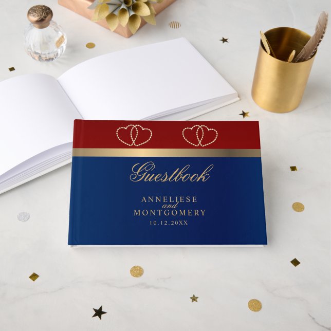 Dark Red and Navy Blue with Gold Hearts Guest Book (Front Open)