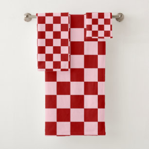 Dark Red and Pastel Pink Chequerboard Bath Towel Set