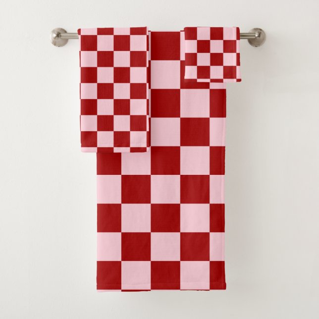 Dark Red and Pastel Pink Chequerboard Bath Towel Set (Insitu)