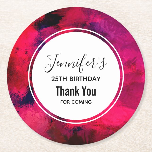 Dark Red and Purple Bold Modern Abstract Birthday Round Paper Coaster (Front)