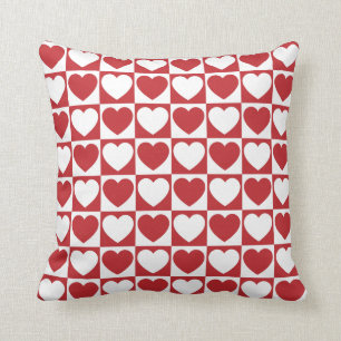 Dark Red and White Checkered Pattern With Hearts Throw Pillow