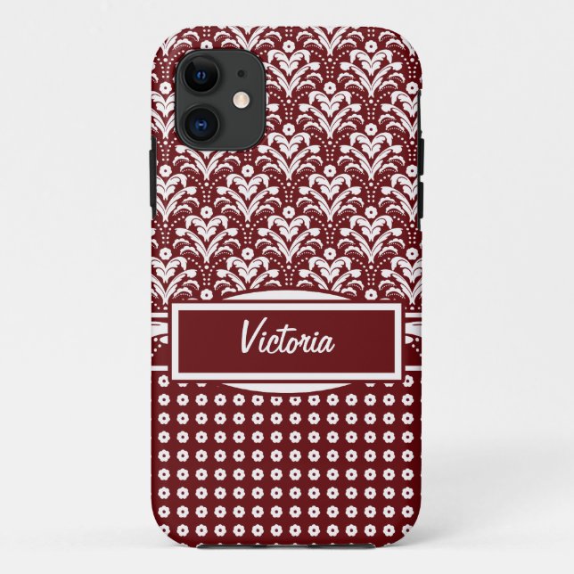 Dark Red and White Floral Art Deco Damask Case-Mate iPhone Case (Back)