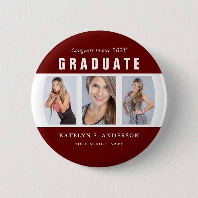 Dark Red and White Graduation Photo Collage Custom 2 Inch Round Button (Front)