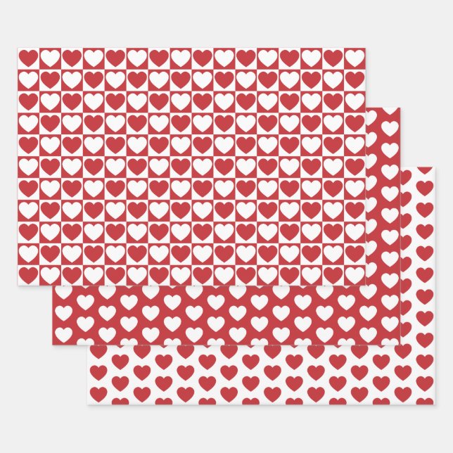 Dark Red and White Hearts Wrapping Paper Sheet (Set)
