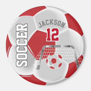 Dark Red and White Personalize Soccer Ball Magnet