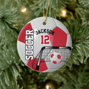 Dark Red and White Soccer Ball Ceramic Ornament