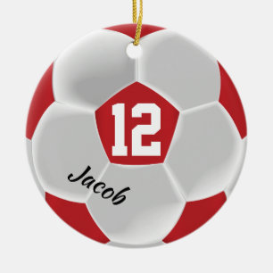 Dark Red and White Soccer Ball Ceramic Ornament