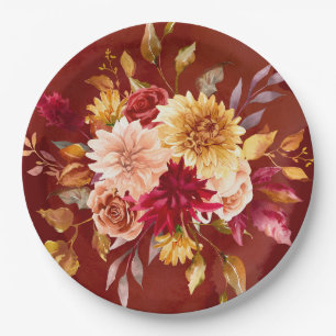 Dark Red and Yellow Dahlia Flowers Wedding Paper Plate