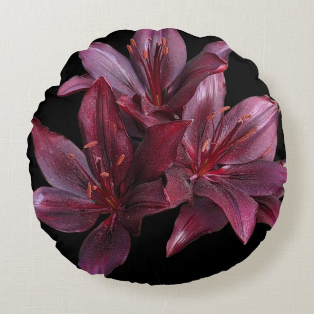 Dark Red Asiatic Lilies on Black Floral Round Pillow (Front)
