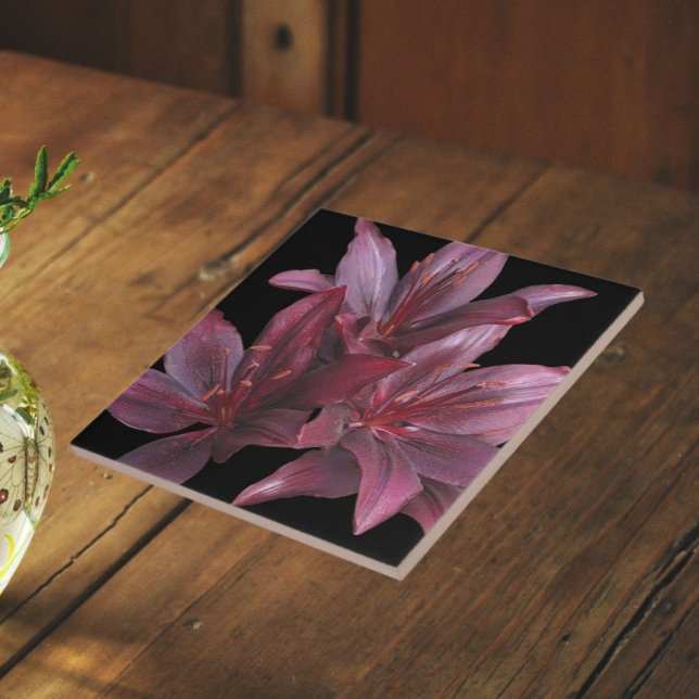 Dark Red Asiatic Lilies on Black Floral Tile (In Situ)
