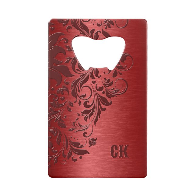 Dark red background and floral swirl zippo lighter credit card bottle opener (Front)