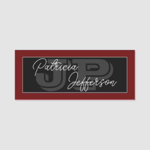 Dark Red, Black And White: Handwritten Monogrammed Name Tag