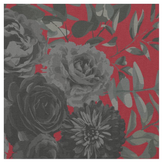 Dark Red Black Dark Gothic Rose Floral Fabric (Close Up)