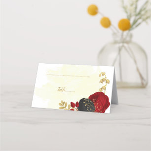 dark red & black flowers gold botanical wedding pl place card