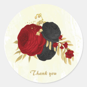 dark red & black flowers gold classic round sticker
