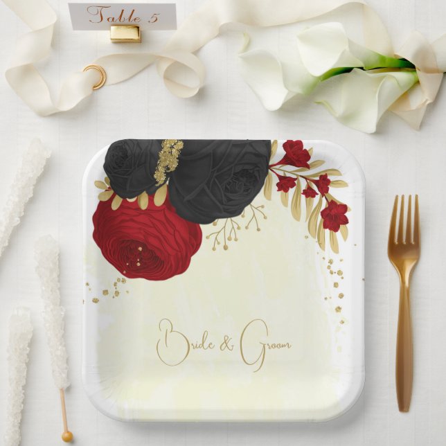  dark red & black flowers gold paper plate (Wedding)