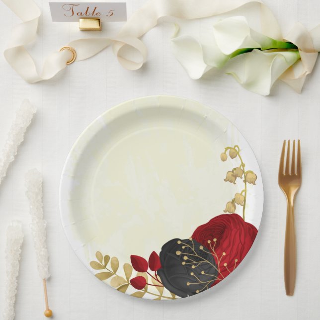  dark red & black flowers gold paper plate (Wedding)