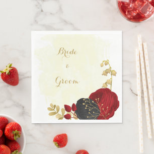 dark red & black flowers gold wedding napkin