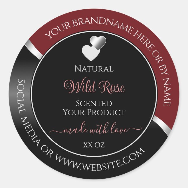 Dark Red Black Wavy Silver Hearts Product Labels (Front)