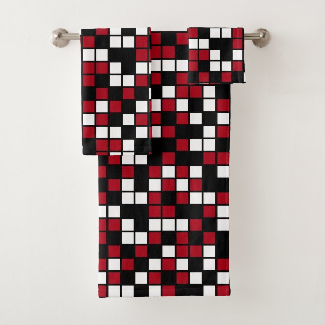 Dark Red, Black, White Random Mosaic Squares Bath Towel Set (Insitu)
