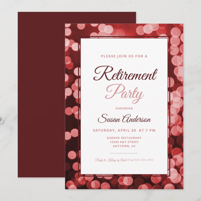 Dark Red Bokeh Elegant Retirement Party Invitation (Front/Back)