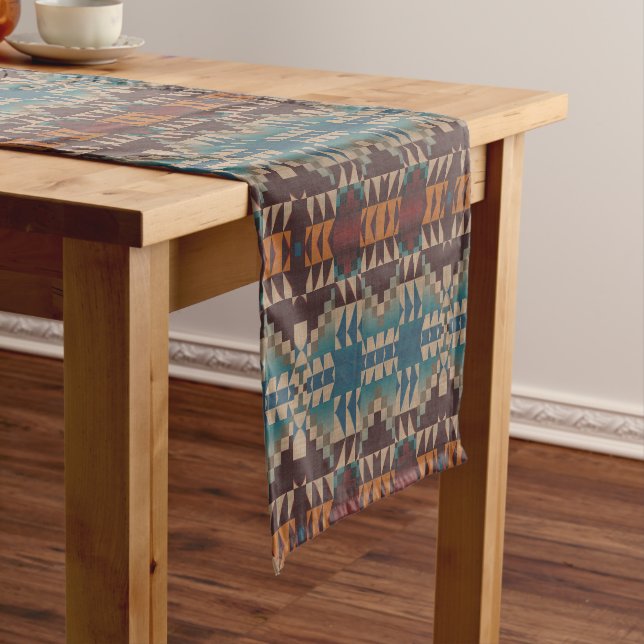 Dark Red Brown Teal Blue Rust Orange Tribal Art Short Table Runner (In Situ)