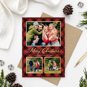 Dark Red Buffalo Plaid Christmas Photo Collage Foil Holiday Card