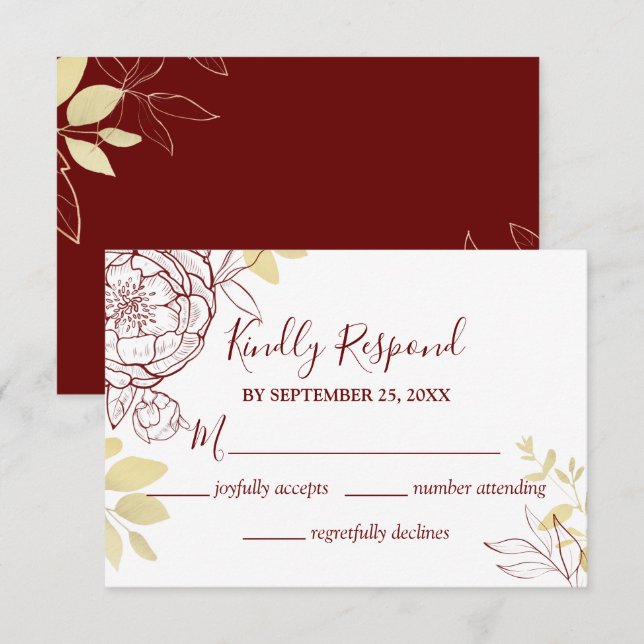 Dark Red Burgundy & Gold Peony Floral Wedding RSVP Card (Front/Back)