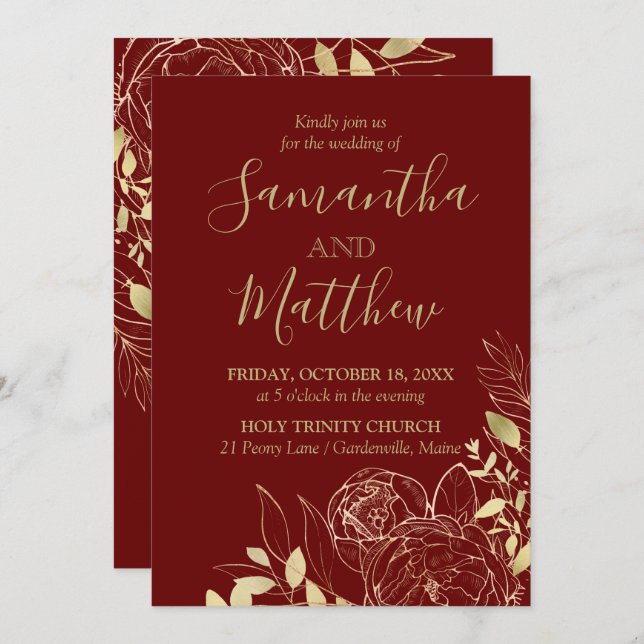 Dark Red Burgundy & Gold Peony Modern Wedding Invitation (Front/Back)