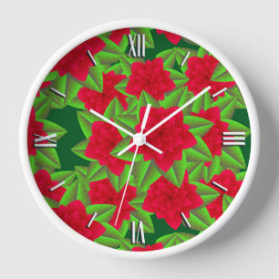 Dark Red Camellias and Green Leaves Clock
